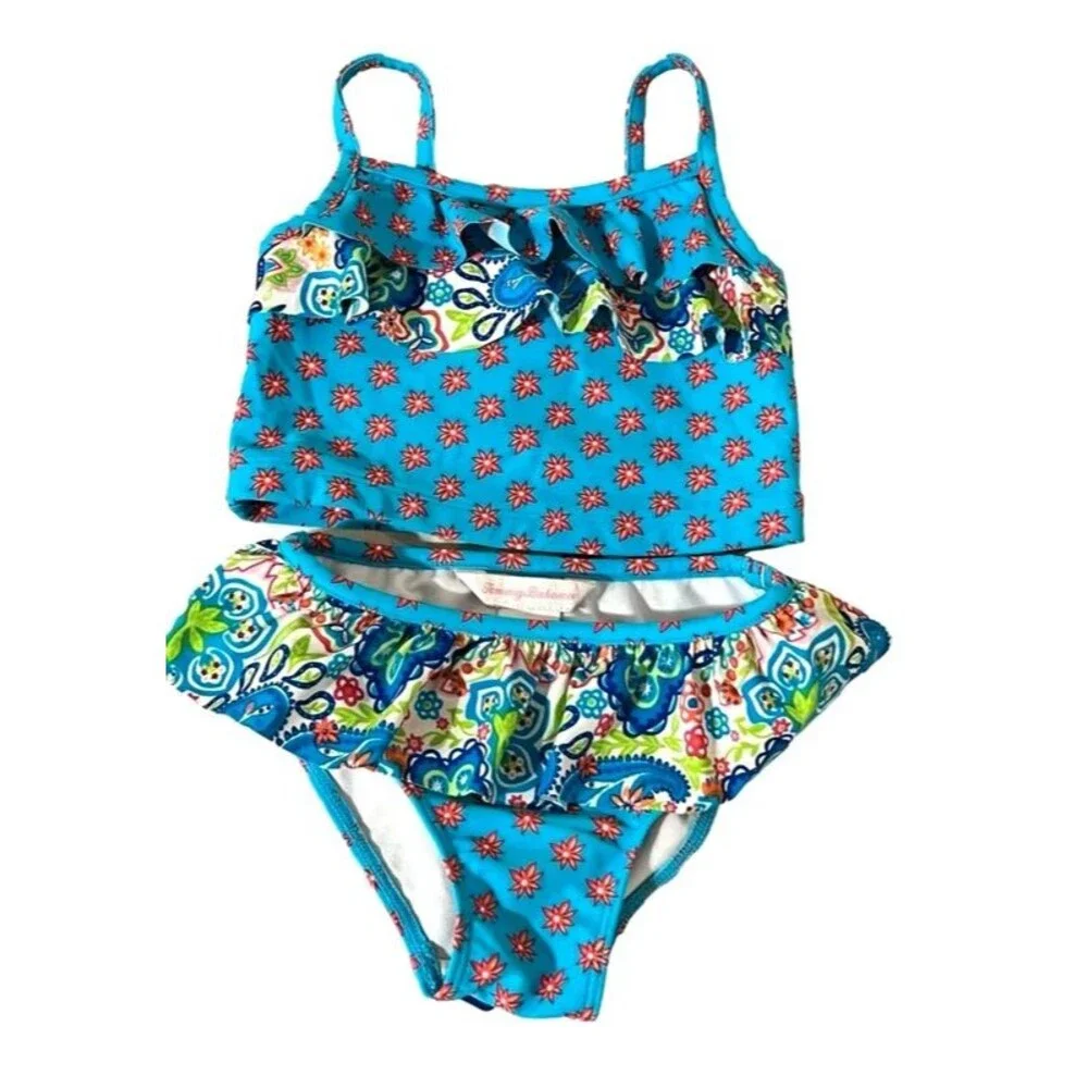 Toddler Girls Tommy Bahama 2pc swimsuit Bikini blue floral 24 months